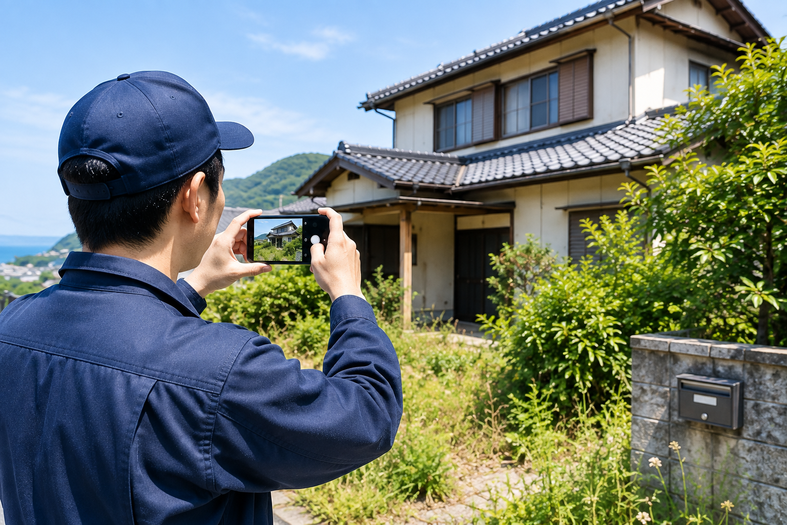 空き家巡回で現地の状況をスマートフォンで撮影する様子